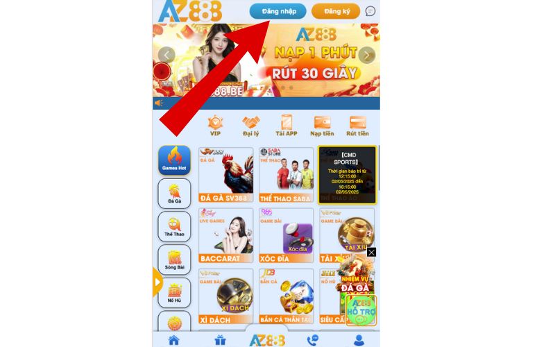 Truy cập vào trang web chính thức của AZ888 bấm đăng nhập
